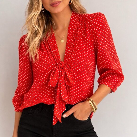 Anthropologie Tops - Pins and Needles Tie Neck Blouse S Sheer Chiffon Pintuck Parisian Chic Romantic